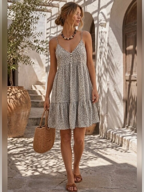 entro Dresses & Skirts - Entro Boho Animal Leopard Print Tiered Babydoll Mini Sundress M